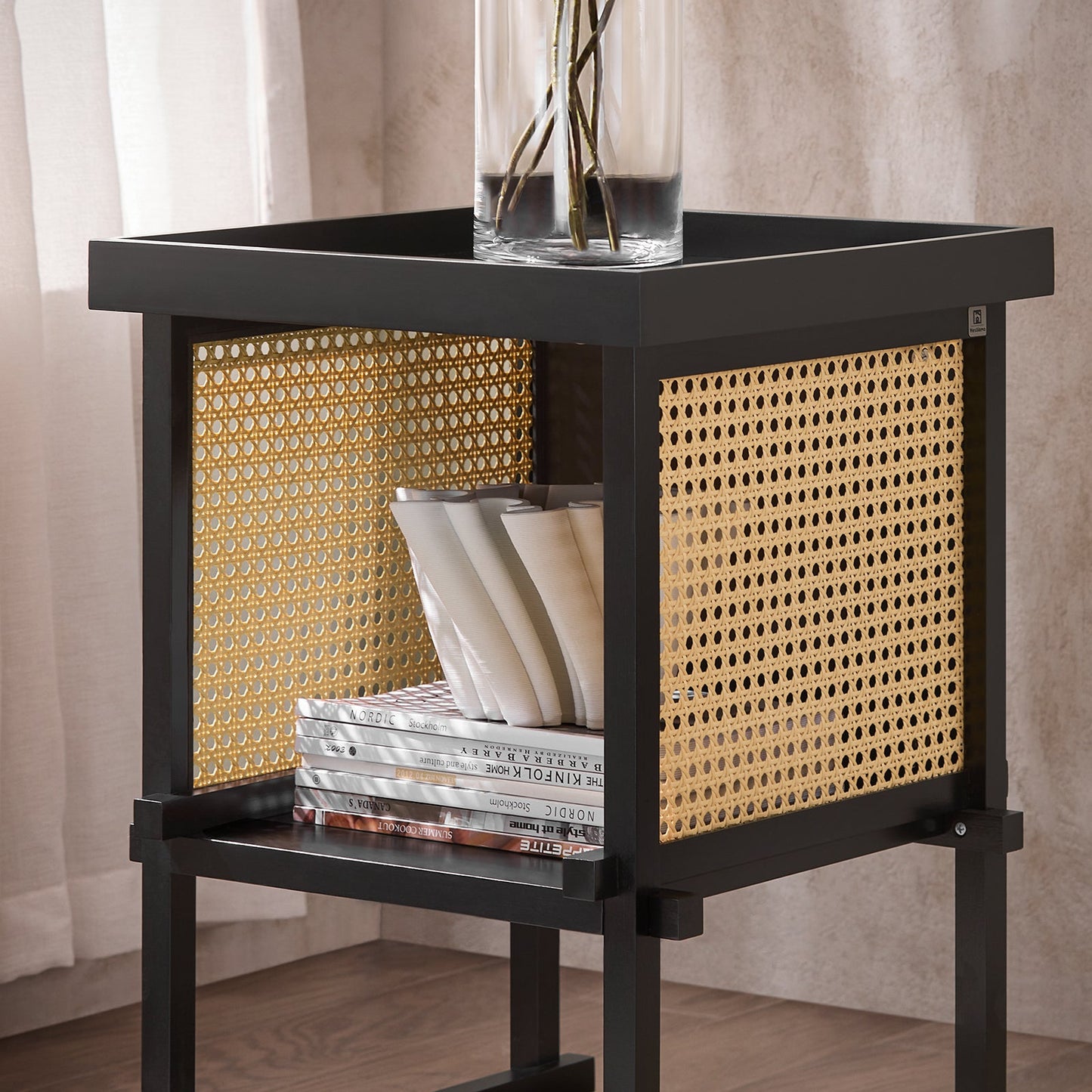 SoBuy Beistelltisch HFBT03-SCH - 40×40×60 cm - schwarz-gelb - Bambusgestell & offenes Ablagefach