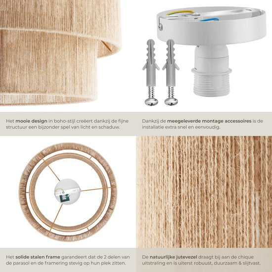 tectake Deckenleuchte im Boho-Stil - Hängeleuchte mit Jute-Lampenschirm - 40W