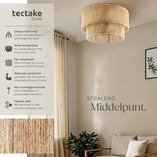 tectake Deckenleuchte im Boho-Stil - Hängeleuchte mit Jute-Lampenschirm - 40W