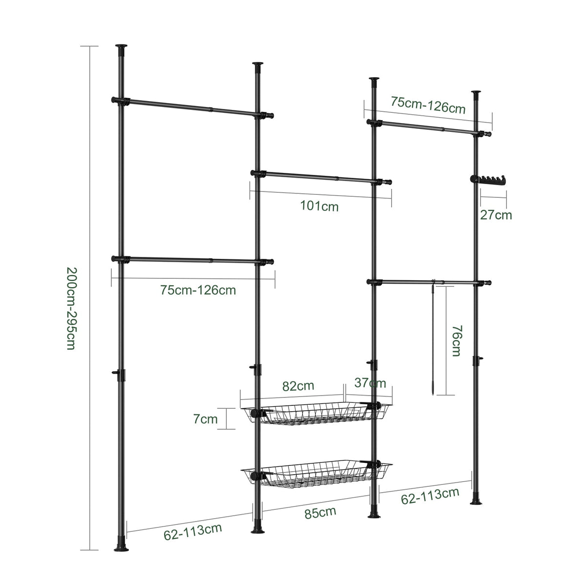 SoBuy KLS04-II-SCH Teleskop-Kleiderständer - Schwarz - 209-311 x 200-295 cm - Stabiler Metall-Kleiderbügelständer mit Kleiderstangen und Ablagen