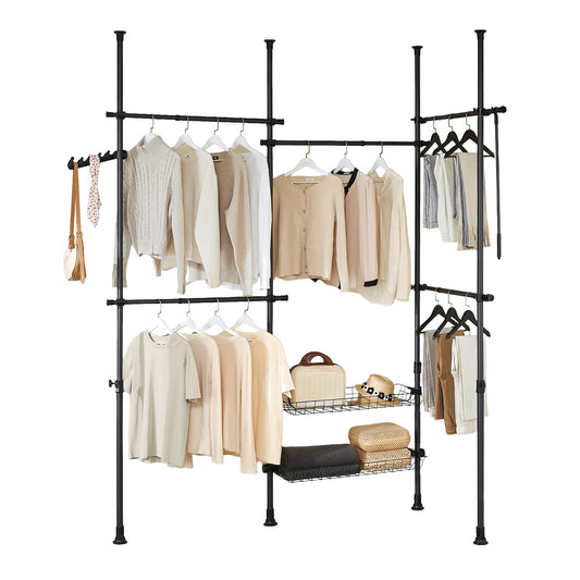 SoBuy KLS04-II-SCH Teleskop-Kleiderständer - Schwarz - 209-311 x 200-295 cm - Stabiler Metall-Kleiderbügelständer mit Kleiderstangen und Ablagen