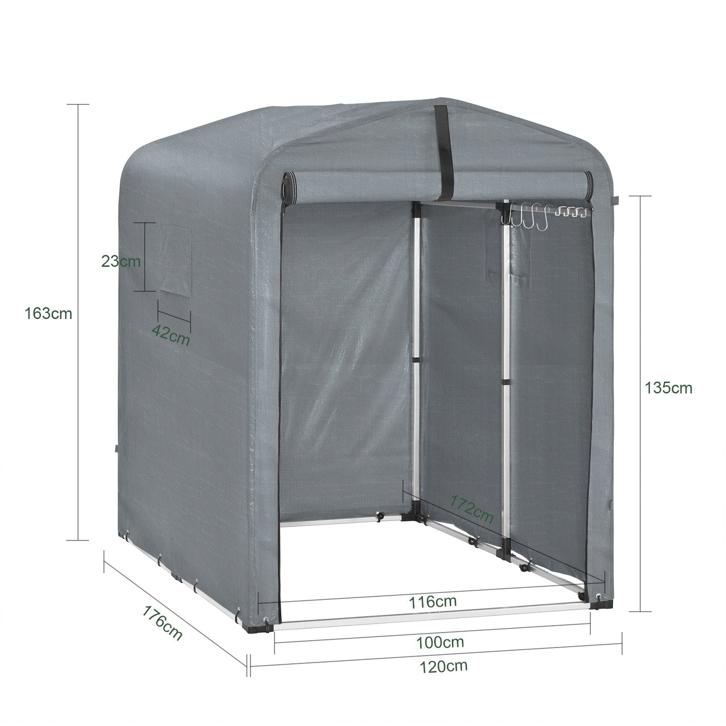 sobuy Outdoor-Gartenhaus - wasserdichtes Motorhaus mit Haken - Fahrradschuppen & Werkzeugaufbewahrung - grau - 120 × 176 × 163 cm