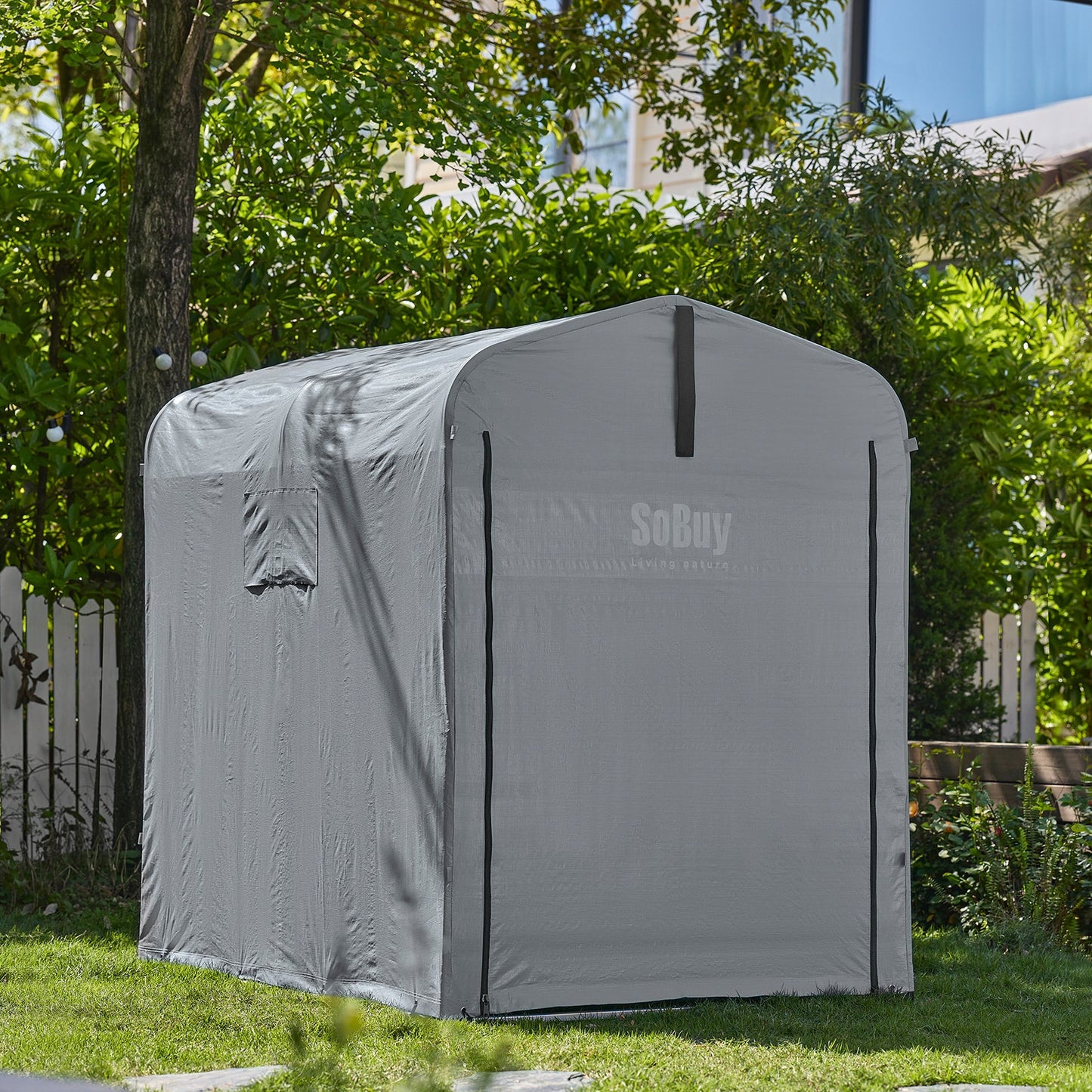 sobuy Outdoor-Gartenhaus - wasserdichtes Motorhaus mit Haken - Fahrradschuppen & Werkzeugaufbewahrung - grau - 120 × 176 × 163 cm