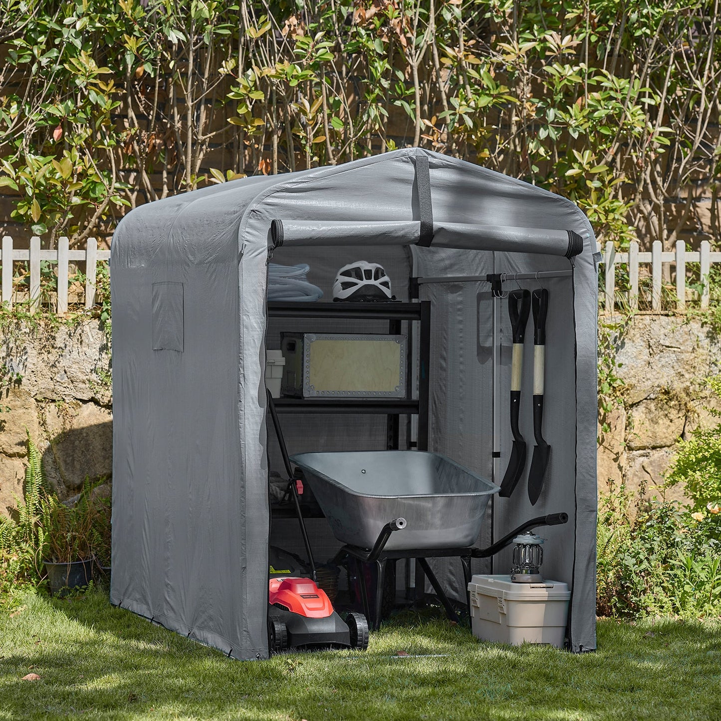 sobuy Outdoor-Gartenhaus - wasserdichtes Motorhaus mit Haken - Fahrradschuppen & Werkzeugaufbewahrung - grau - 120 × 176 × 163 cm