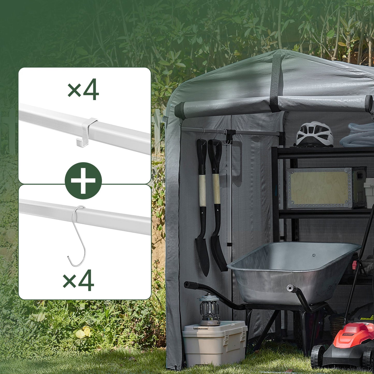 sobuy Outdoor-Gartenhaus - wasserdichtes Motorhaus mit Haken - Fahrradschuppen & Werkzeugaufbewahrung - grau - 120 × 176 × 163 cm