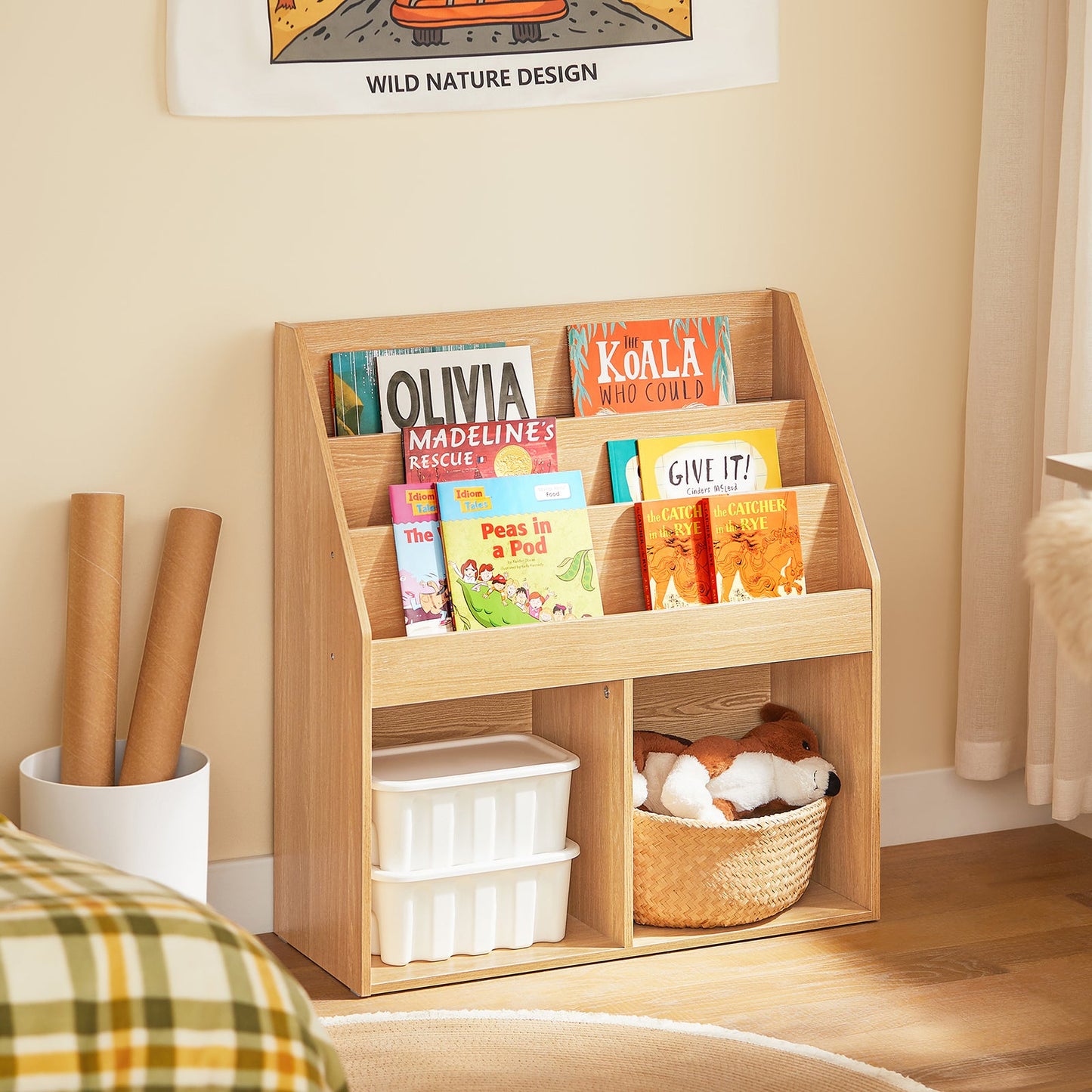 SoBuy KMB01-N Kinderbuchregal Holz - 73x30x80 cm - 3 Regale und 2 offene Fächer
