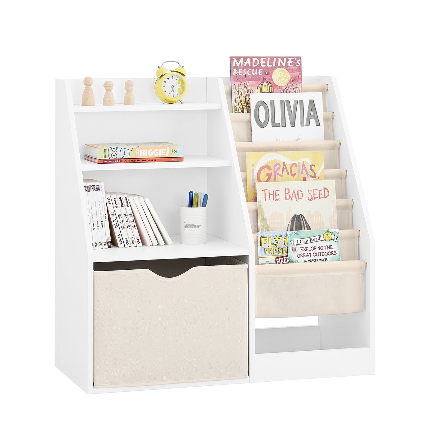 SoBuy KMB119-W Montessori-Kinderbuchregal 3 Ebenen mit Ablage und Stoffkörben, weiß, 80 x 40 x 80 cm