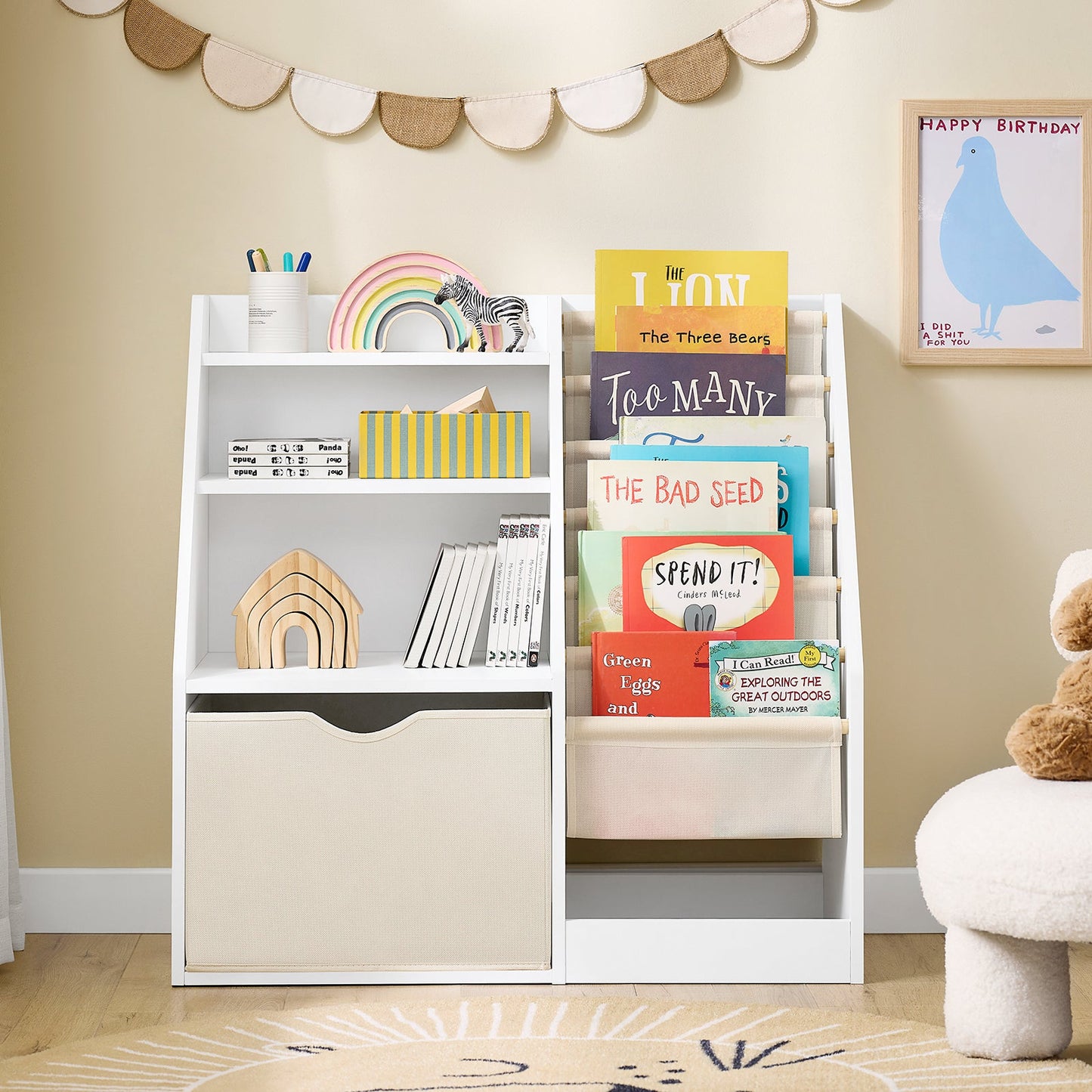 SoBuy KMB119-W Montessori-Kinderbuchregal 3 Ebenen mit Ablage und Stoffkörben, weiß, 80 x 40 x 80 cm