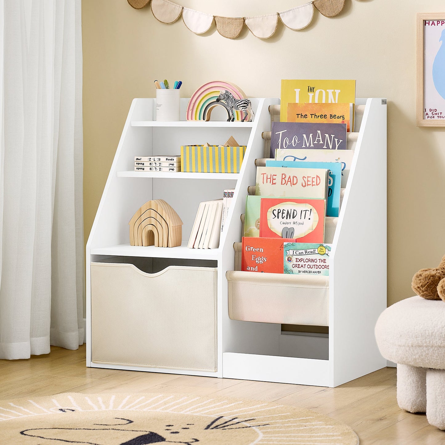 SoBuy KMB119-W Montessori-Kinderbuchregal 3 Ebenen mit Ablage und Stoffkörben, weiß, 80 x 40 x 80 cm