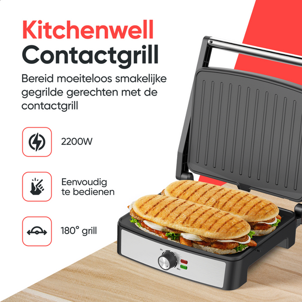 Kitchenwell - Kontakt Grill -  KN381 - Sandwichmaker - Aluminium - Silber/Schwarz