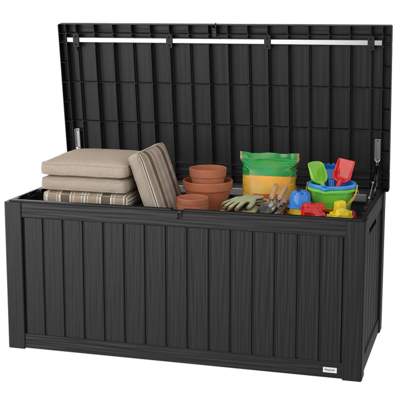 LifeGoods - Aufbewahrungsbox Cushion Box M - 142 x 67 x 60 cm - Mit 450 Liter Fassungsvermögen und Luxus-Gasfeder und integrierten Griffen - Für Lounge-Set und Gartengeräte - Schwarzer Kunststoff