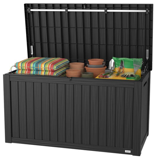 LifeGoods Cushion Box L - Kunststoff - 570L - Gasdruckfeder - Wetterfest - XXL Aufbewahrungsbox - Dunkelgrau