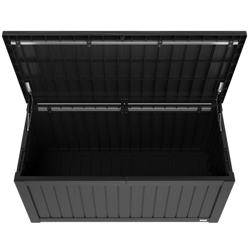 LifeGoods - Aufbewahrungsbox Cushion Box M - 142 x 67 x 60 cm - Mit 450 Liter Fassungsvermögen und Luxus-Gasfeder und integrierten Griffen - Für Lounge-Set und Gartengeräte - Schwarzer Kunststoff