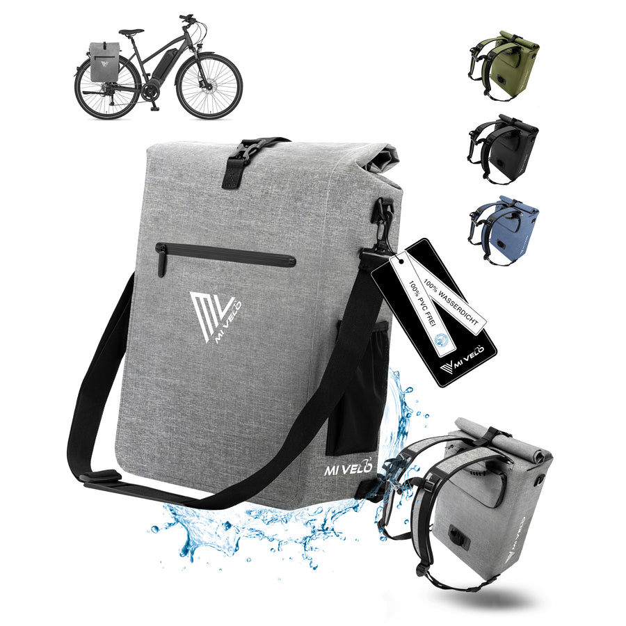 MIVELO 3-in-1 Gepäckträger & Rucksack - Wasserdicht - 25L - Inklusive Laptop-Fach - Full Reflex Gepäckträger - Grau
