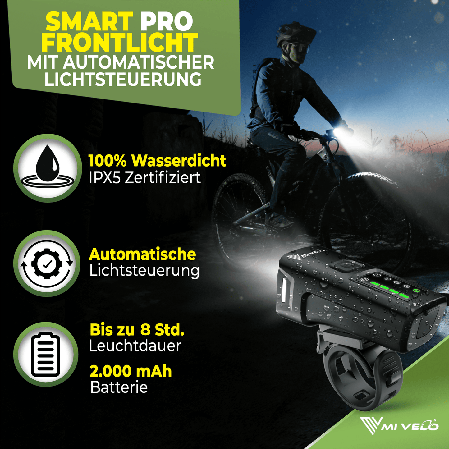 Mivelo Fahrradlicht-Set - StVZO geprüft - USB aufladbar - 100% wasserdicht - LED Vorder- und Rücklicht - Mit Bremslichtfunktion (SMART PRO)
