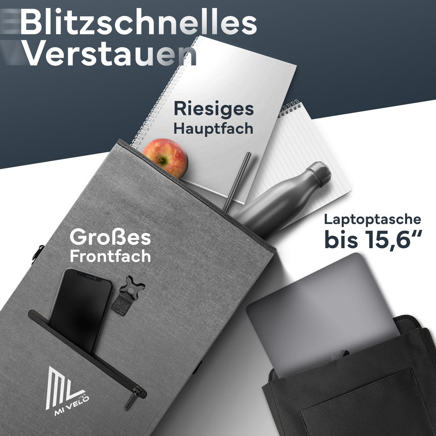 MIVELO 3-in-1 Gepäckträger & Rucksack - Wasserdicht - 25L - Inklusive Laptop-Fach - Full Reflex Gepäckträger - Grau