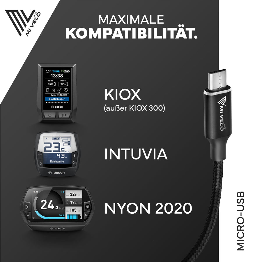 MiVelo Ladekabel - Für Bosch Intuvia, Kiox & Nyon (alt) - USB-C - 35 cm - Schwarz