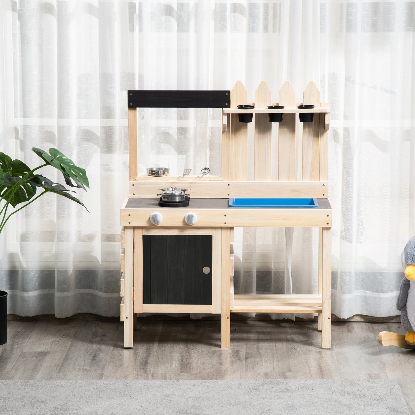 HOMCOM Kinderküche - Komplette Spielküchenzeile mit Zubehör - Grau/Schwarz - 82 x 30 x 85 cm
