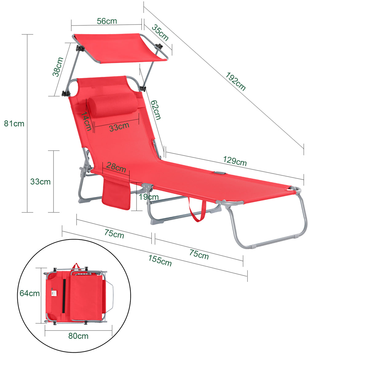 SoBuy Lounger Red - faltbare Gartenliege mit verstellbarem Sonnendach und 4 Liegepositionen - 86 x 40 cm zusammengeklappt