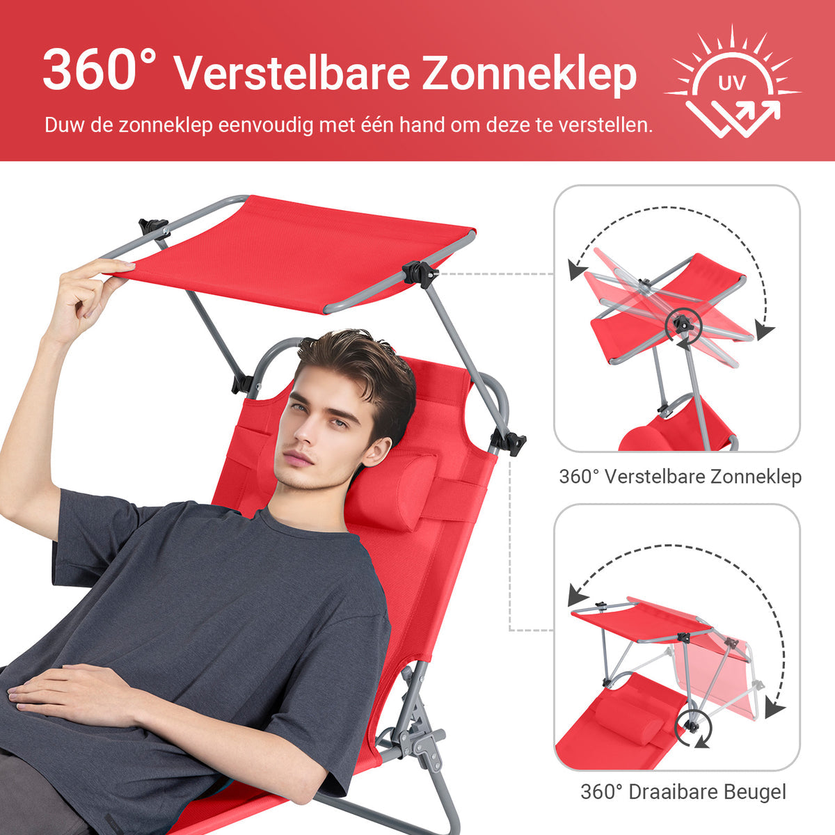 SoBuy Lounger Red - faltbare Gartenliege mit verstellbarem Sonnendach und 4 Liegepositionen - 86 x 40 cm zusammengeklappt