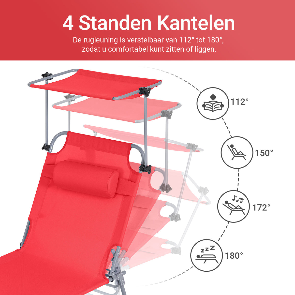 SoBuy Lounger Red - faltbare Gartenliege mit verstellbarem Sonnendach und 4 Liegepositionen - 86 x 40 cm zusammengeklappt