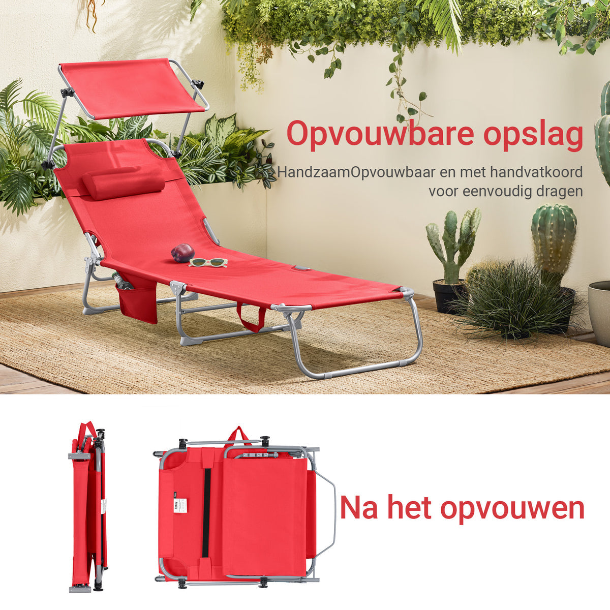 SoBuy Lounger Red - faltbare Gartenliege mit verstellbarem Sonnendach und 4 Liegepositionen - 86 x 40 cm zusammengeklappt
