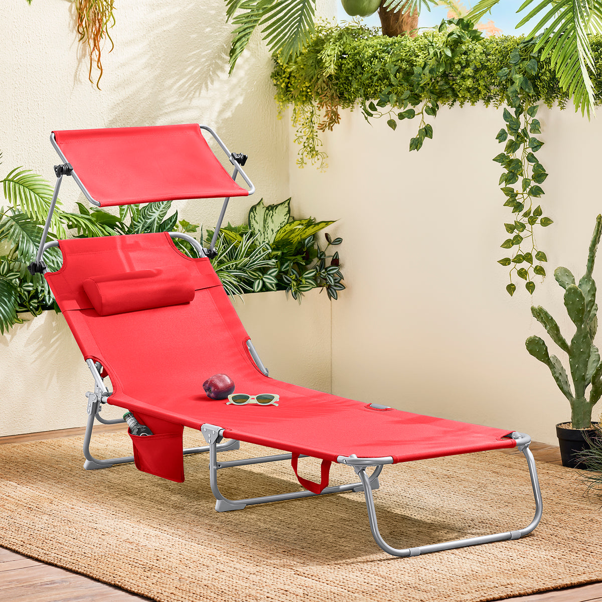 SoBuy Lounger Red - faltbare Gartenliege mit verstellbarem Sonnendach und 4 Liegepositionen - 86 x 40 cm zusammengeklappt
