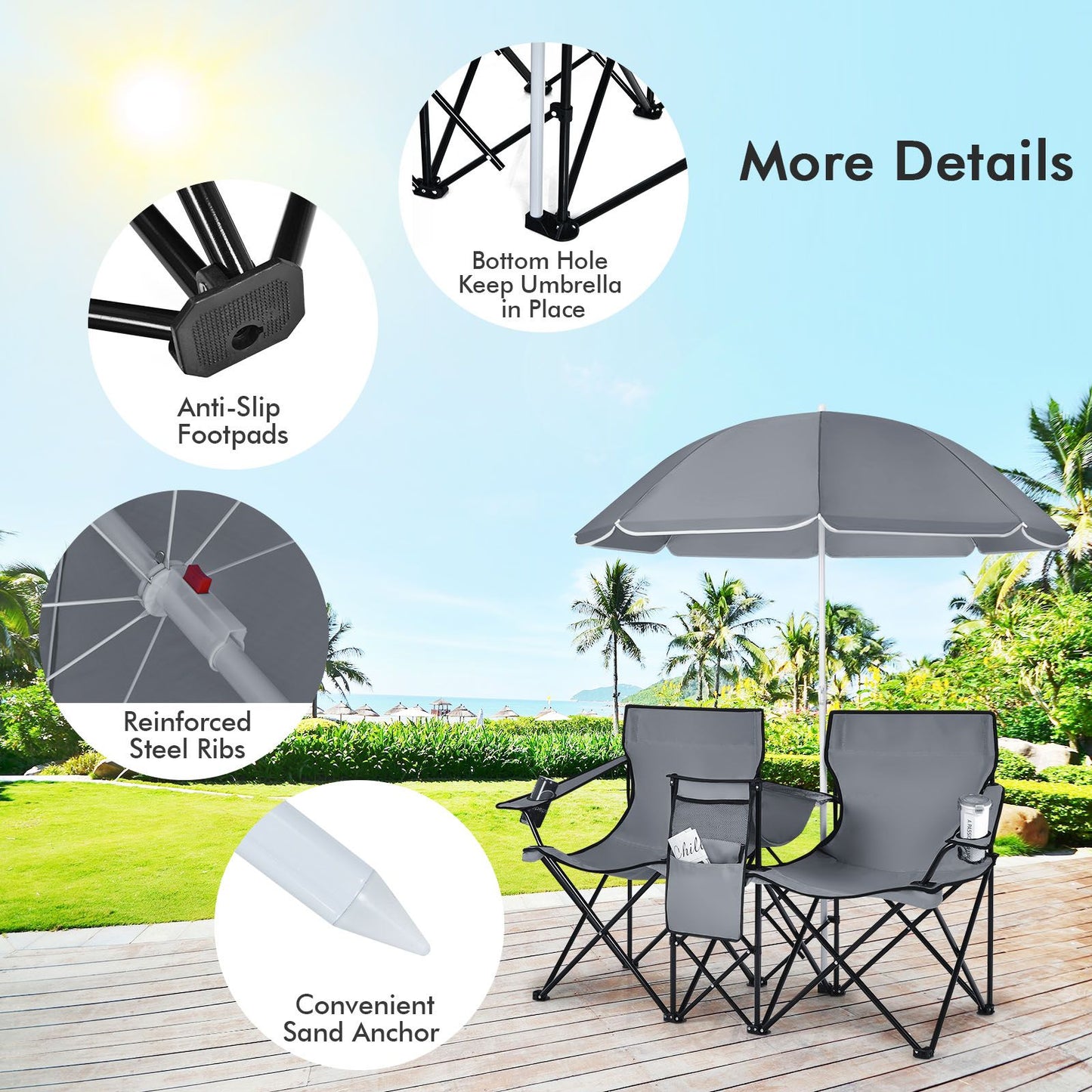 Coast Doppelter Angelstuhl mit Sonnenschirm - Max. 120 kg - 161 x 55 x 85 cm - Grau