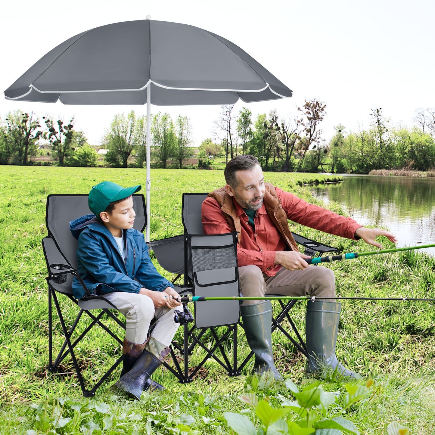 Coast Doppelter Angelstuhl mit Sonnenschirm - Max. 120 kg - 161 x 55 x 85 cm - Grau