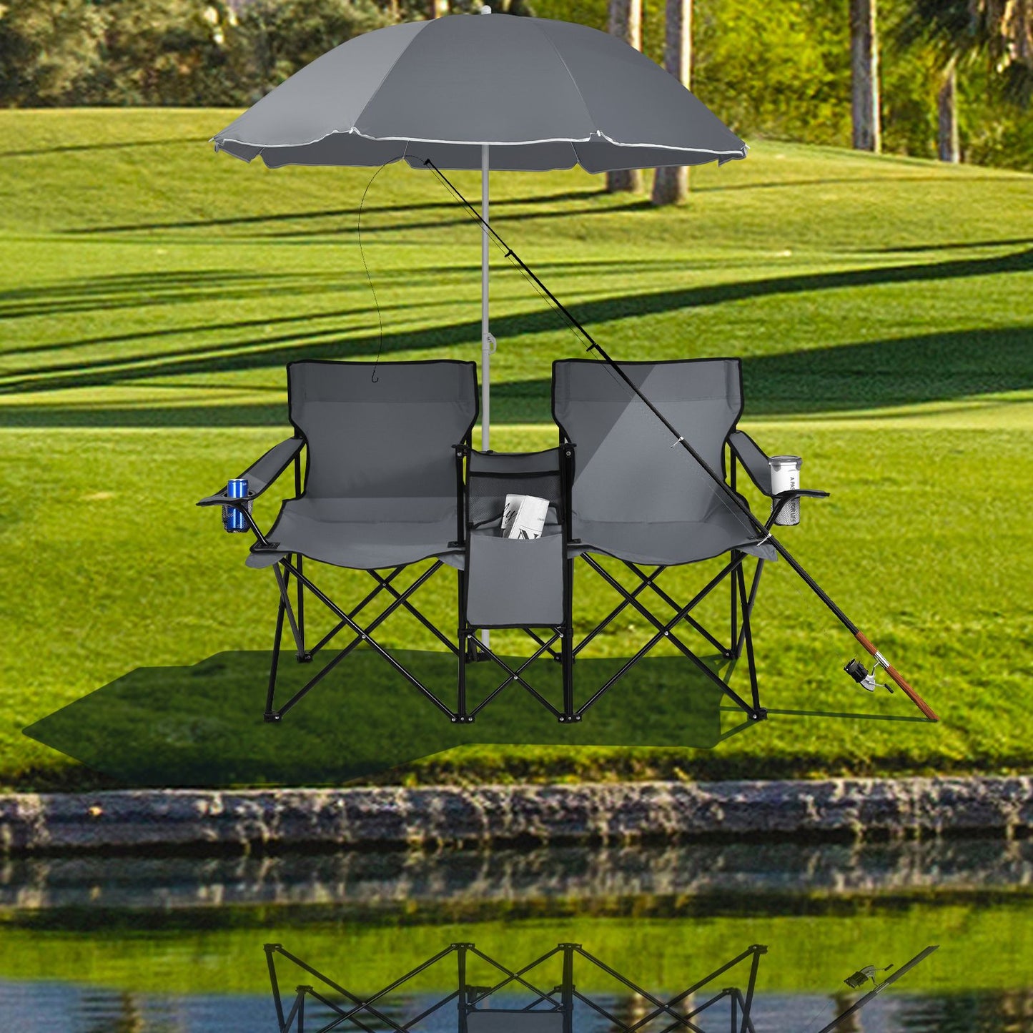 Coast Doppelter Angelstuhl mit Sonnenschirm - Max. 120 kg - 161 x 55 x 85 cm - Grau