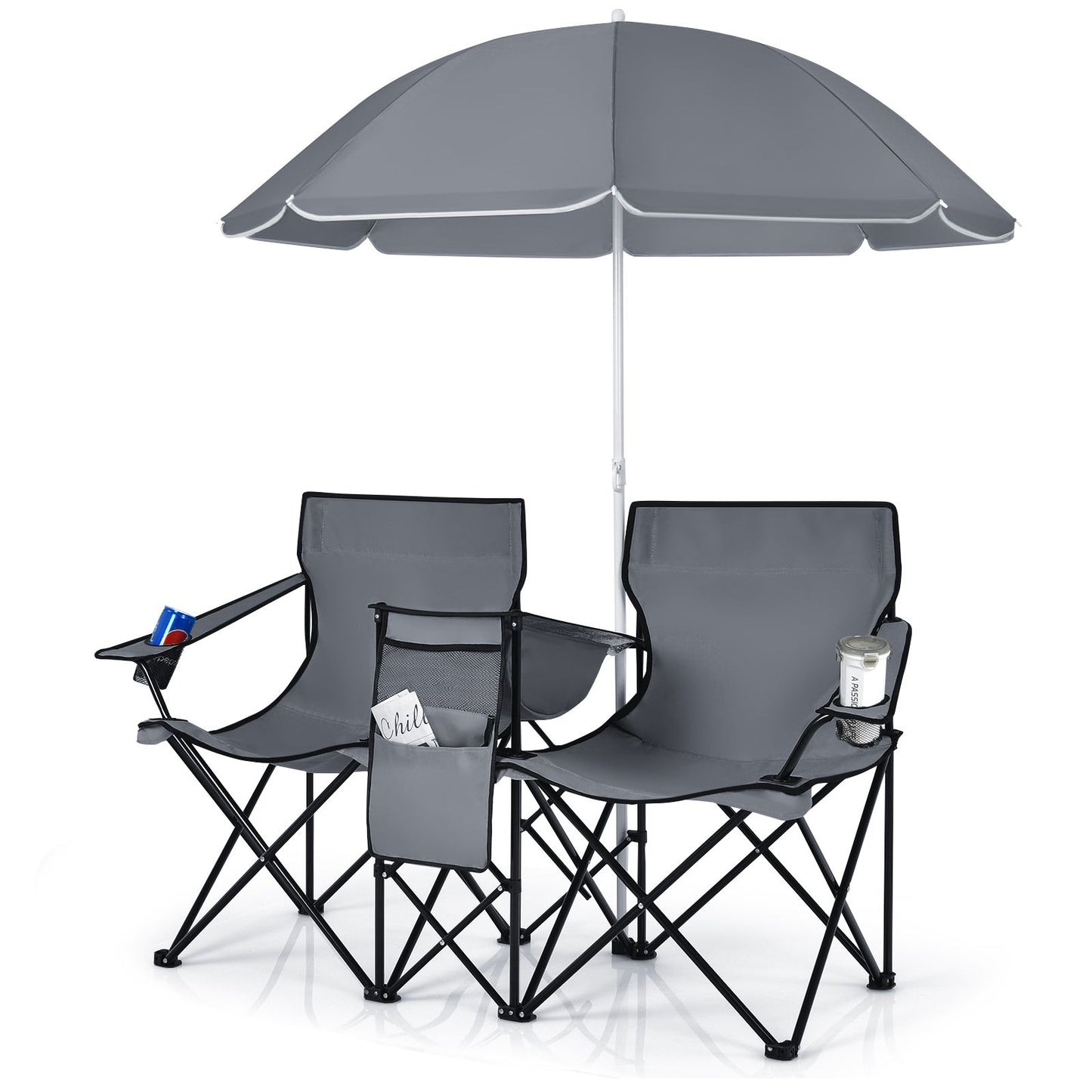 Coast Doppelter Angelstuhl mit Sonnenschirm - Max. 120 kg - 161 x 55 x 85 cm - Grau