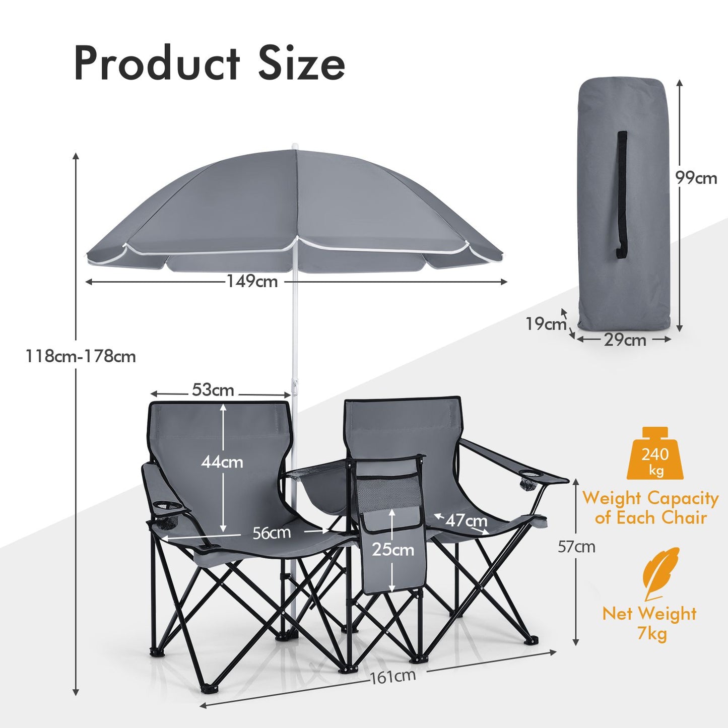Coast Doppelter Angelstuhl mit Sonnenschirm - Max. 120 kg - 161 x 55 x 85 cm - Grau