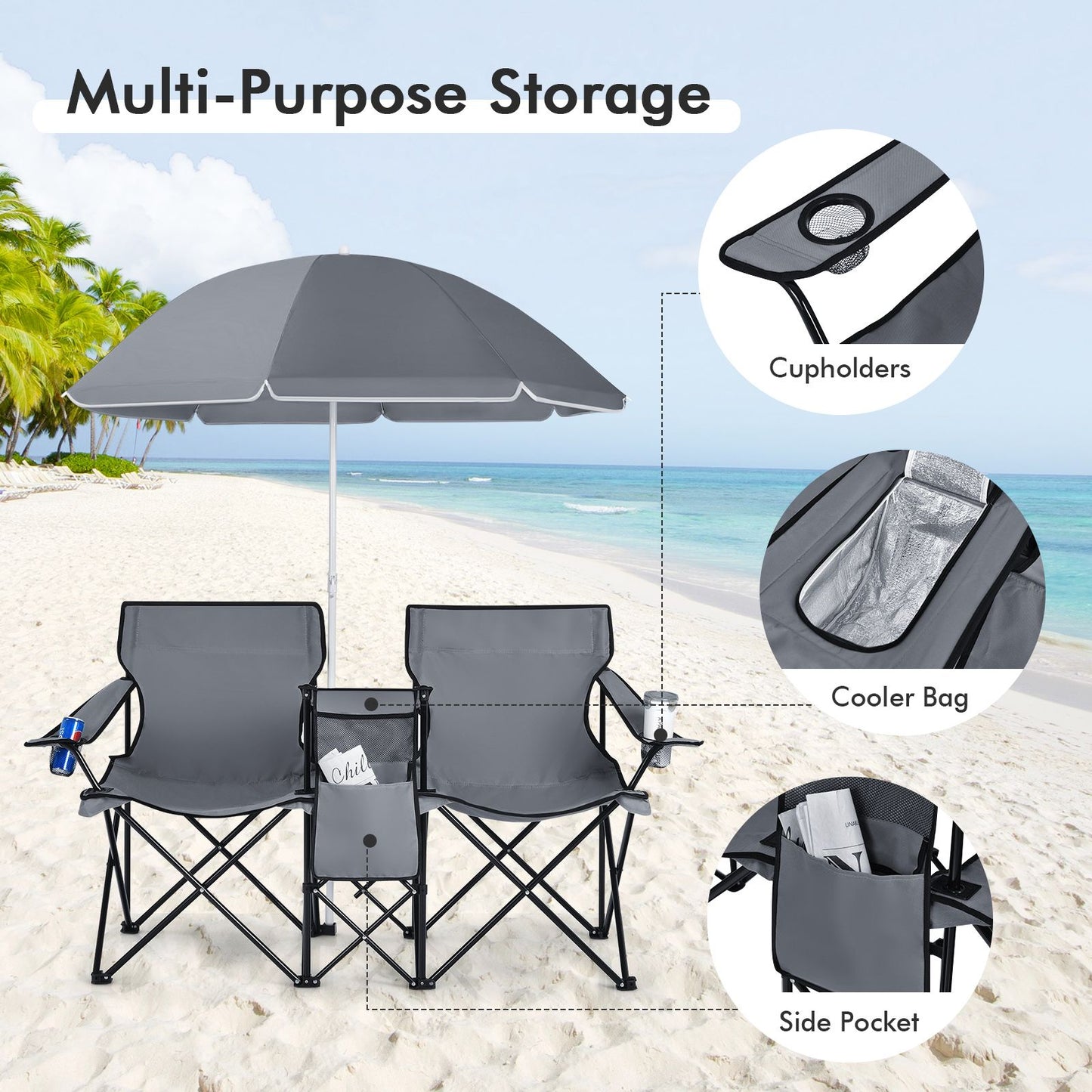 Coast Doppelter Angelstuhl mit Sonnenschirm - Max. 120 kg - 161 x 55 x 85 cm - Grau
