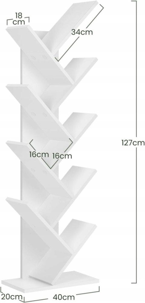 EUGAD Bücherregal Weiß – 40 x 20 x 127 cm – Baumform – 9 Einlegeböden
