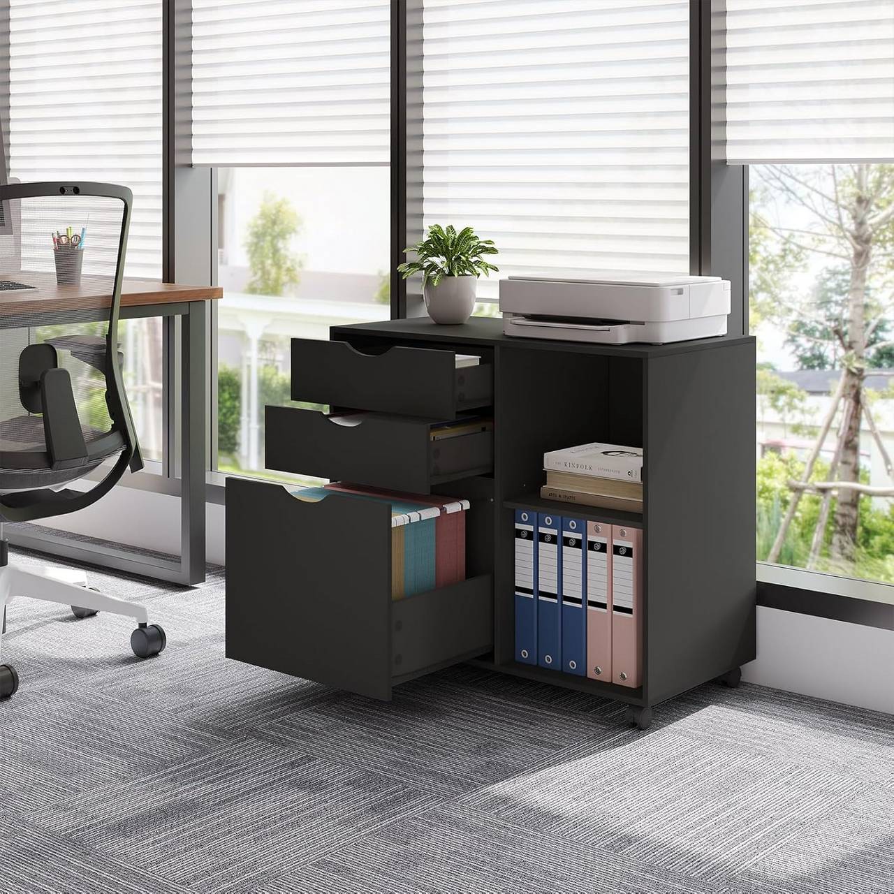 Woltu Aktenschrank – auf Rollen – 3 Schubladen – 80 x 70 x 40 cm – Schwarz