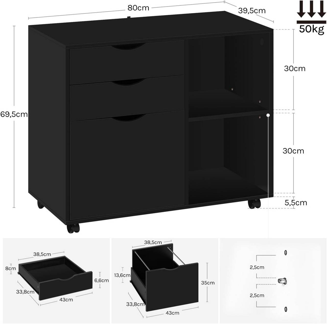 Woltu Aktenschrank – auf Rollen – 3 Schubladen – 80 x 70 x 40 cm – Schwarz