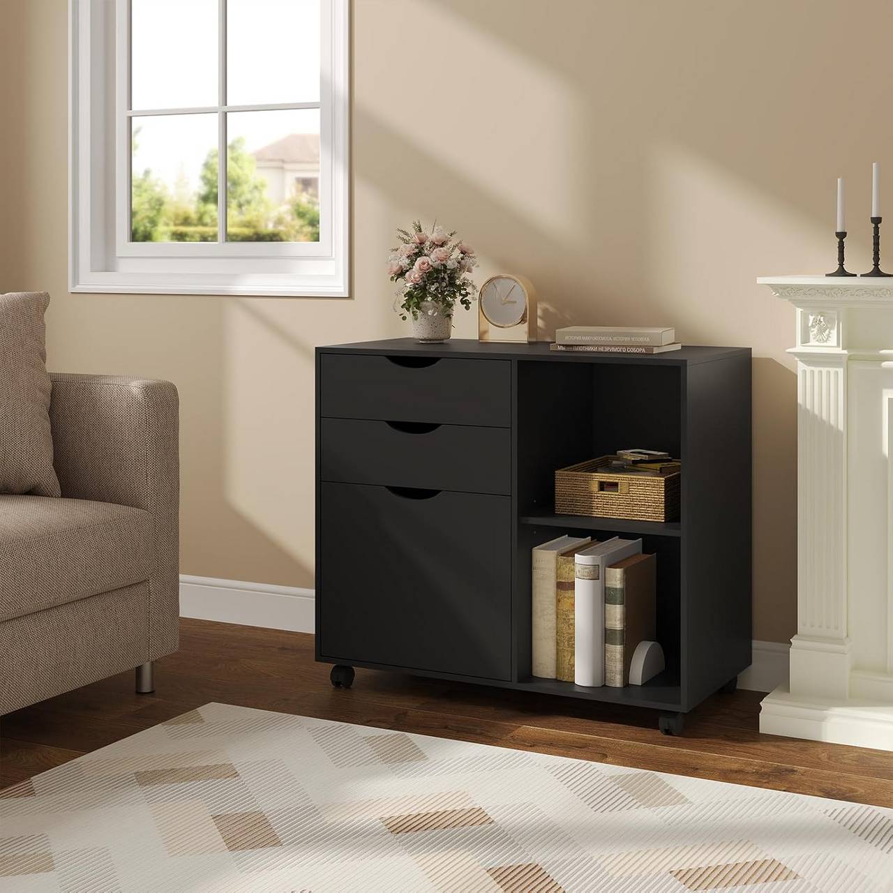 Woltu Aktenschrank – auf Rollen – 3 Schubladen – 80 x 70 x 40 cm – Schwarz