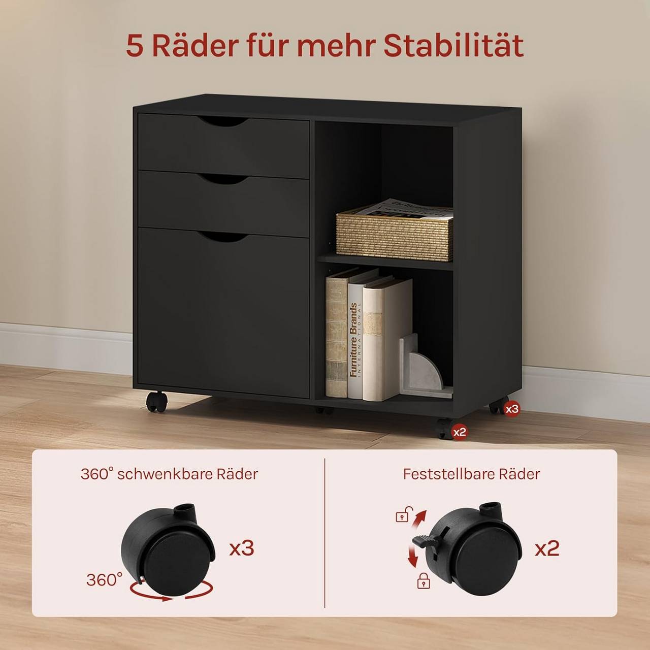 Woltu Aktenschrank – auf Rollen – 3 Schubladen – 80 x 70 x 40 cm – Schwarz