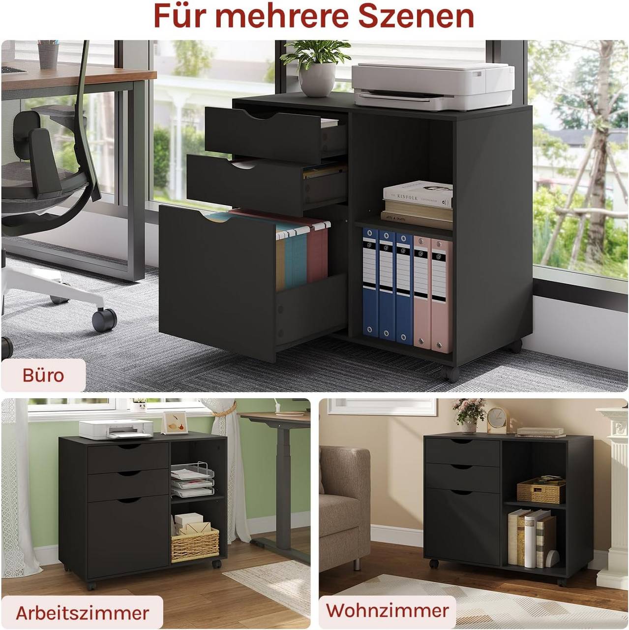 Woltu Aktenschrank – auf Rollen – 3 Schubladen – 80 x 70 x 40 cm – Schwarz