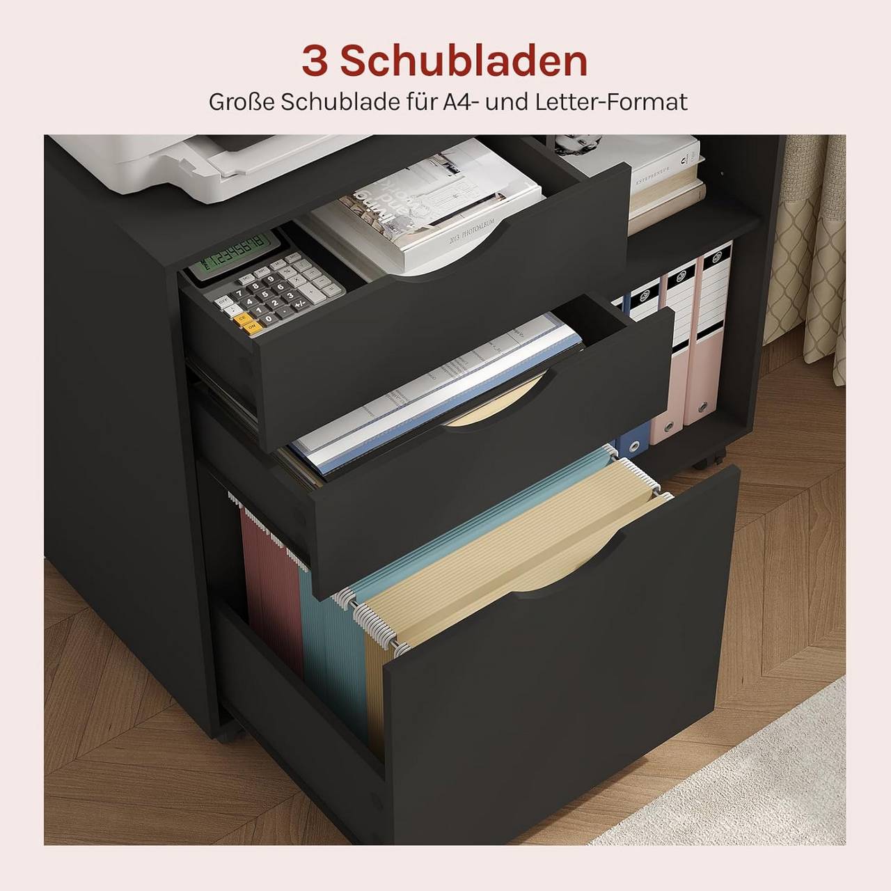 Woltu Aktenschrank – auf Rollen – 3 Schubladen – 80 x 70 x 40 cm – Schwarz
