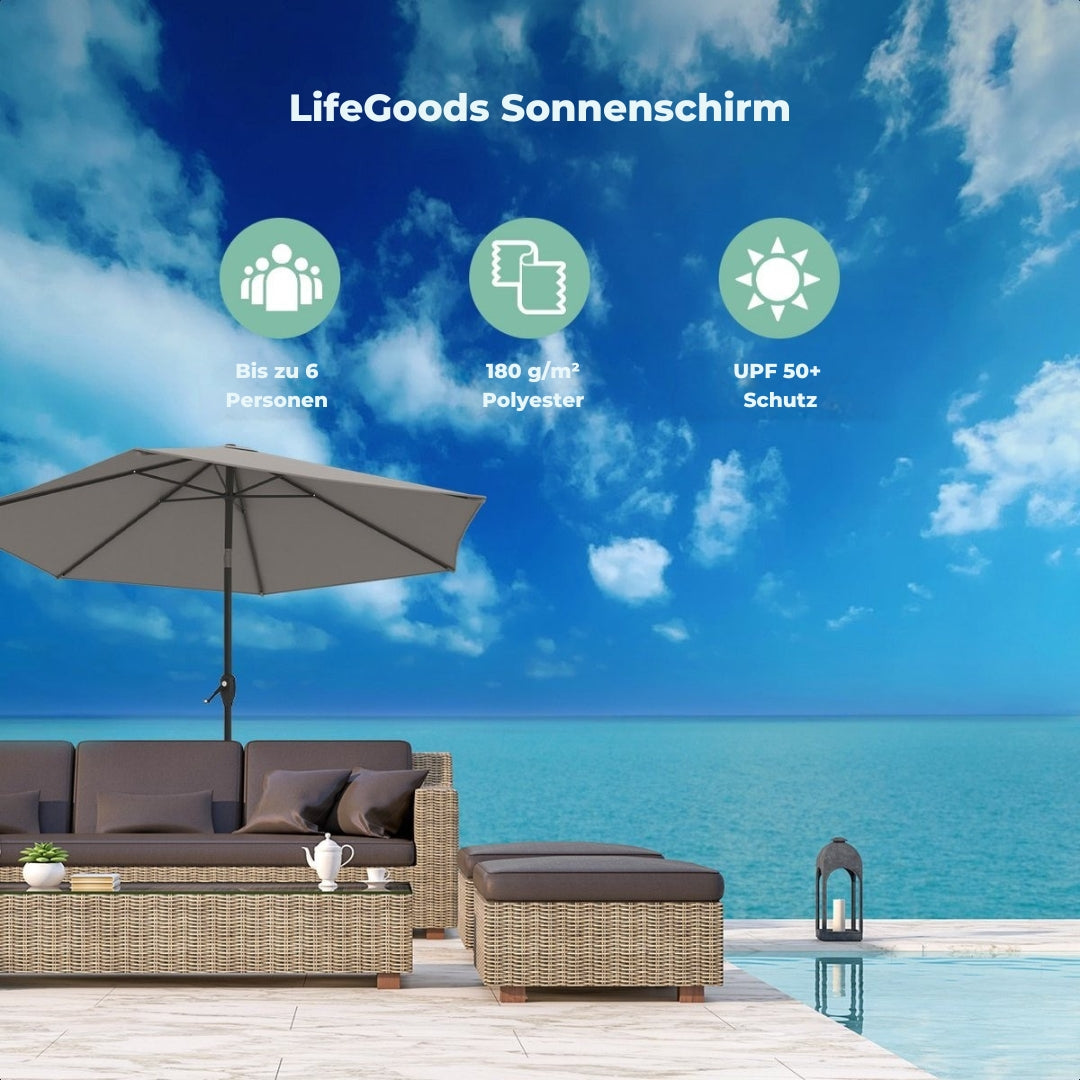 LifeGoods Sonnenschirm - 270 cm - 30° neigbar - Wasserdicht - Mit Bezug - Taupe