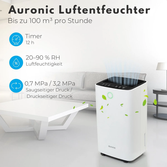 Auronic Luftentfeuchter - 12 Liter pro Tag - Wash-Dry-Funktion - 185 W - 30,5 x 26,5 x 52 cm - Weiß