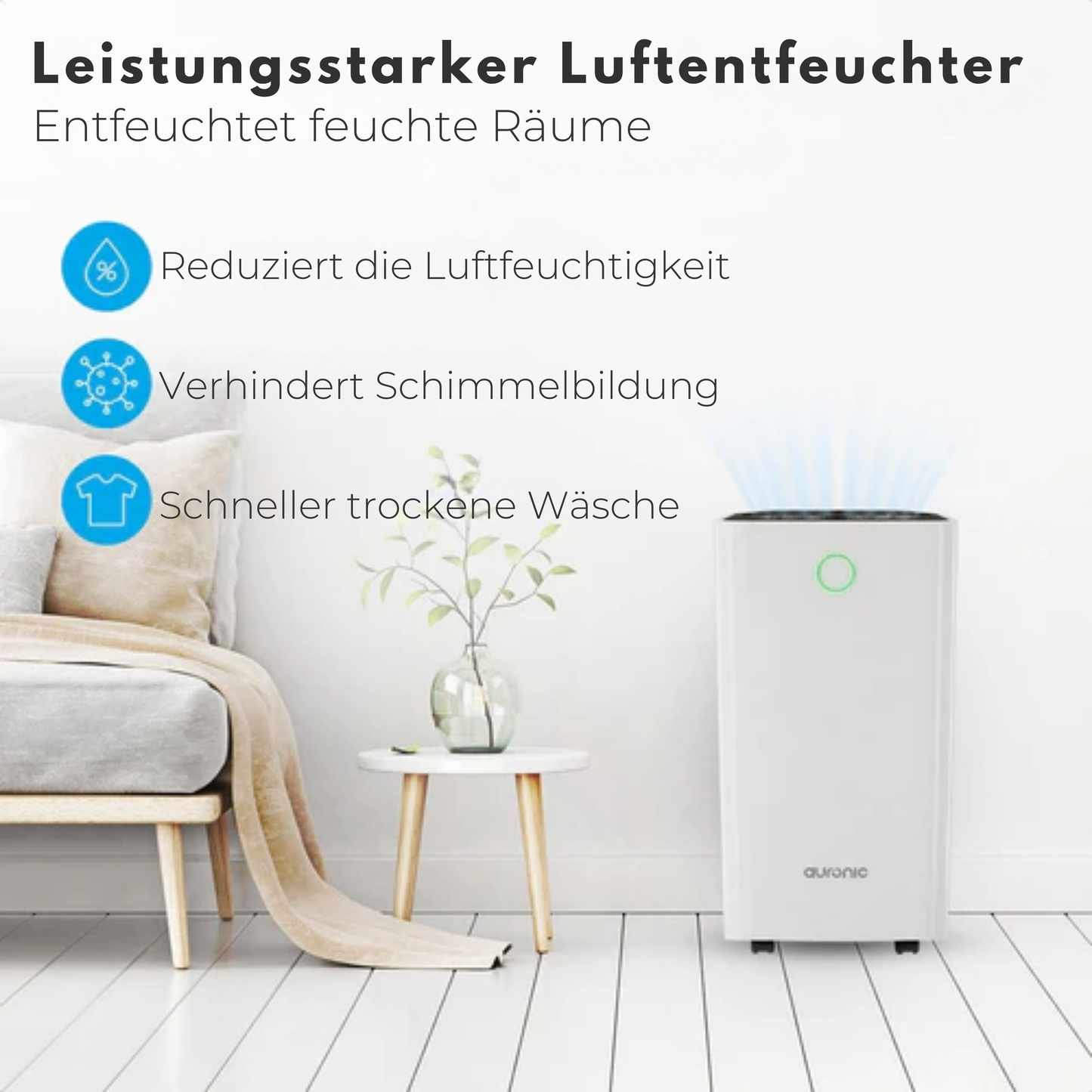 Auronic Luftentfeuchter - 12 Liter pro Tag - Wash-Dry-Funktion - 185 W - 30,5 x 26,5 x 52 cm - Weiß