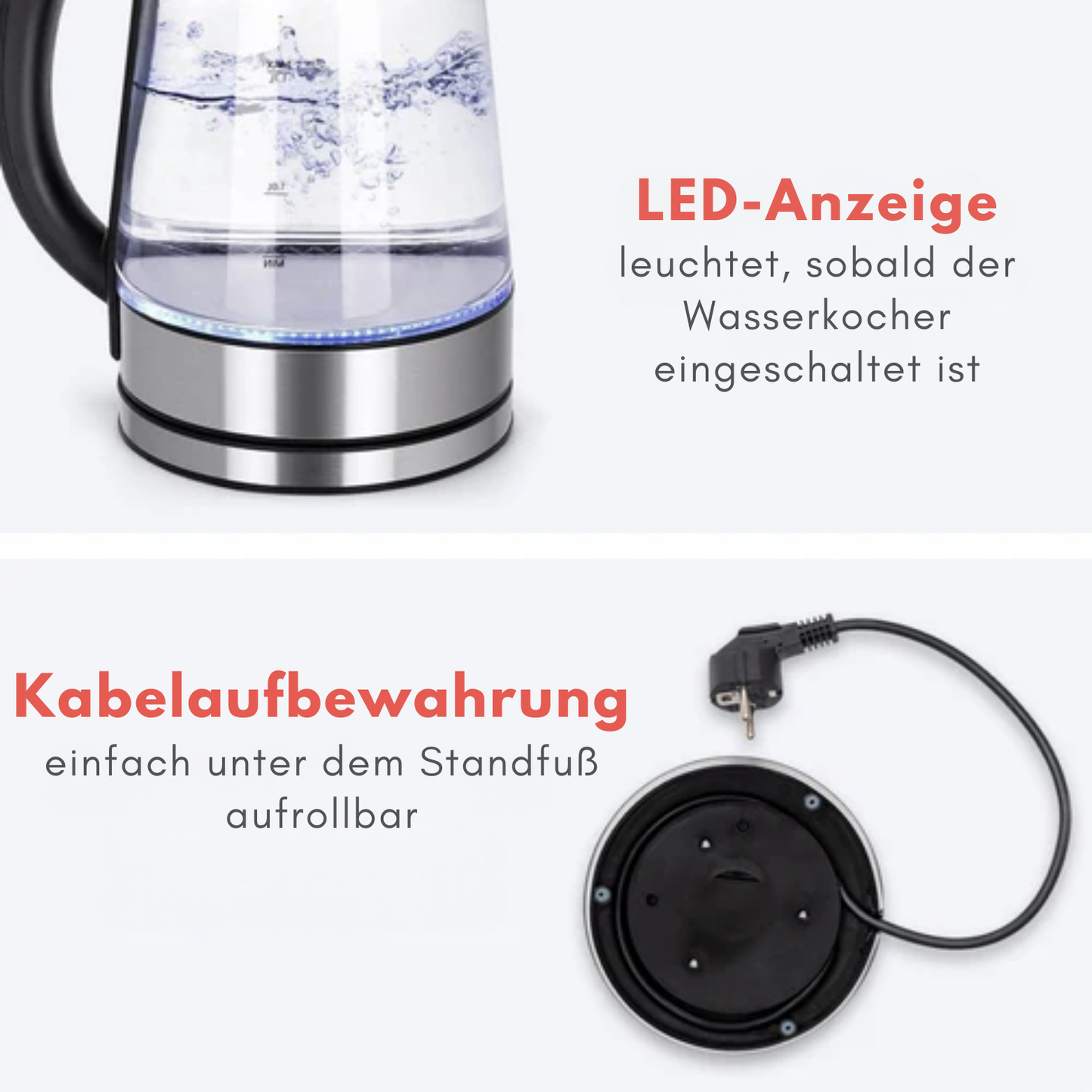 KitchenBrothers - Elektrischer Wasserkocher - Retro - 1,7L - mit Filter - 2200W - Glas - rostfreier Stahl