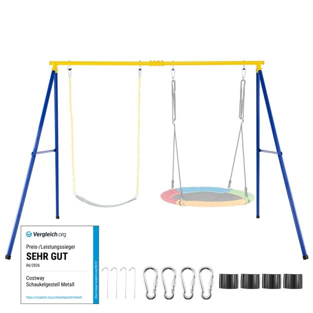 Coast Schaukelgestell A-Frame – Doppelschaukelgestell 249 x 185 x 181,5 cm – Blau/Gelb