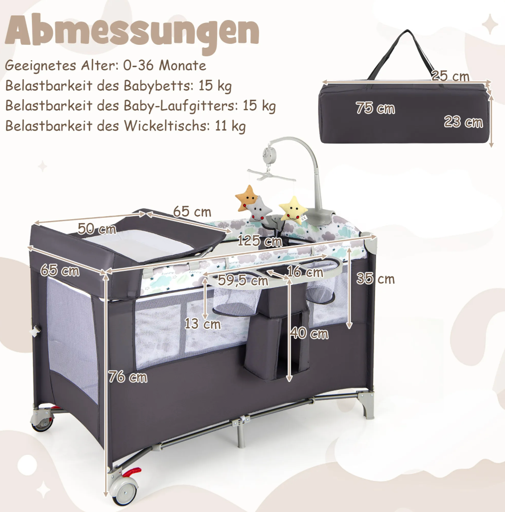 Coast Reisebett - 5 in 1 - faltbar - 2 Ebenen - inkl. Matratze - 125 x 65 x 76cm - Grau