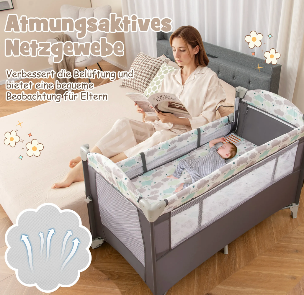 Coast Reisebett - 5 in 1 - faltbar - 2 Ebenen - inkl. Matratze - 125 x 65 x 76cm - Grau