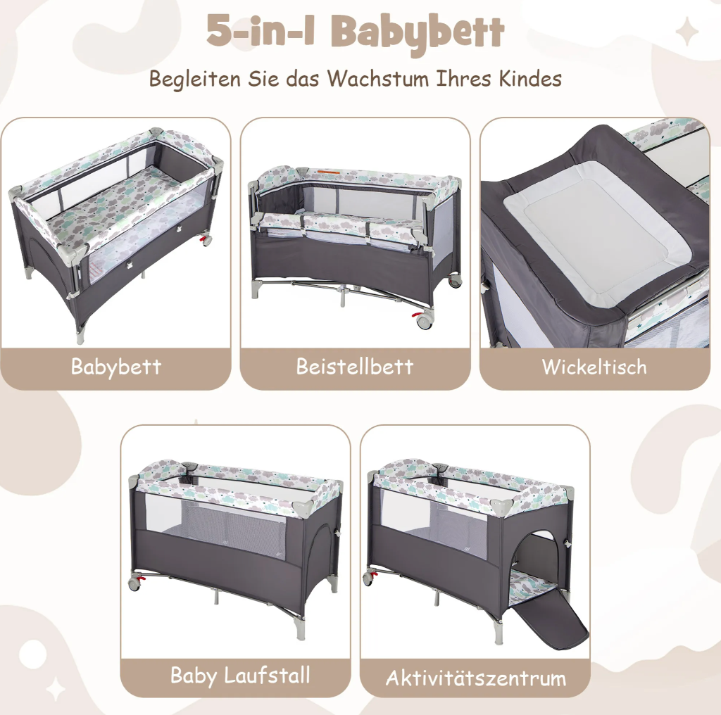 Coast Reisebett - 5 in 1 - faltbar - 2 Ebenen - inkl. Matratze - 125 x 65 x 76cm - Grau