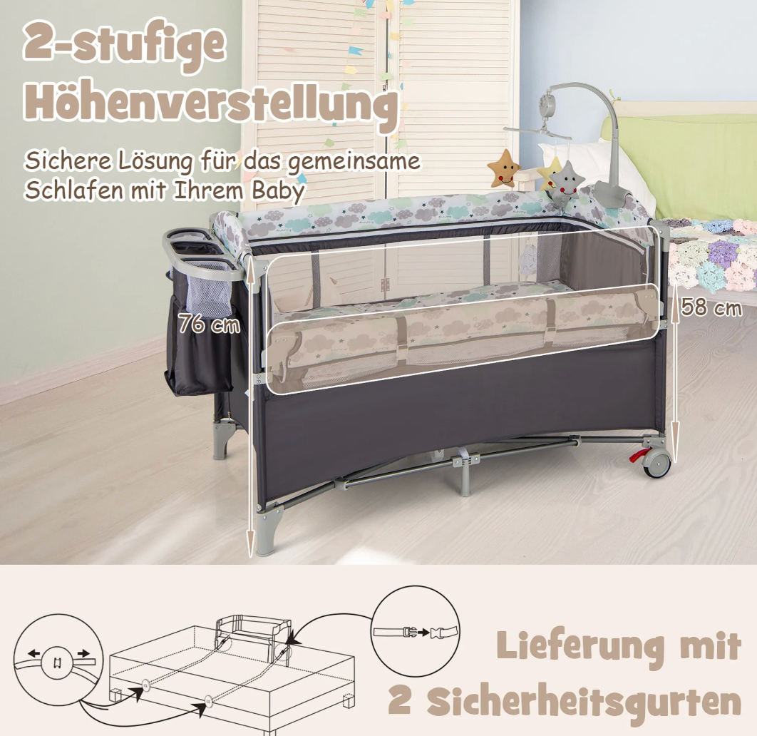 Coast Reisebett - 5 in 1 - faltbar - 2 Ebenen - inkl. Matratze - 125 x 65 x 76cm - Grau