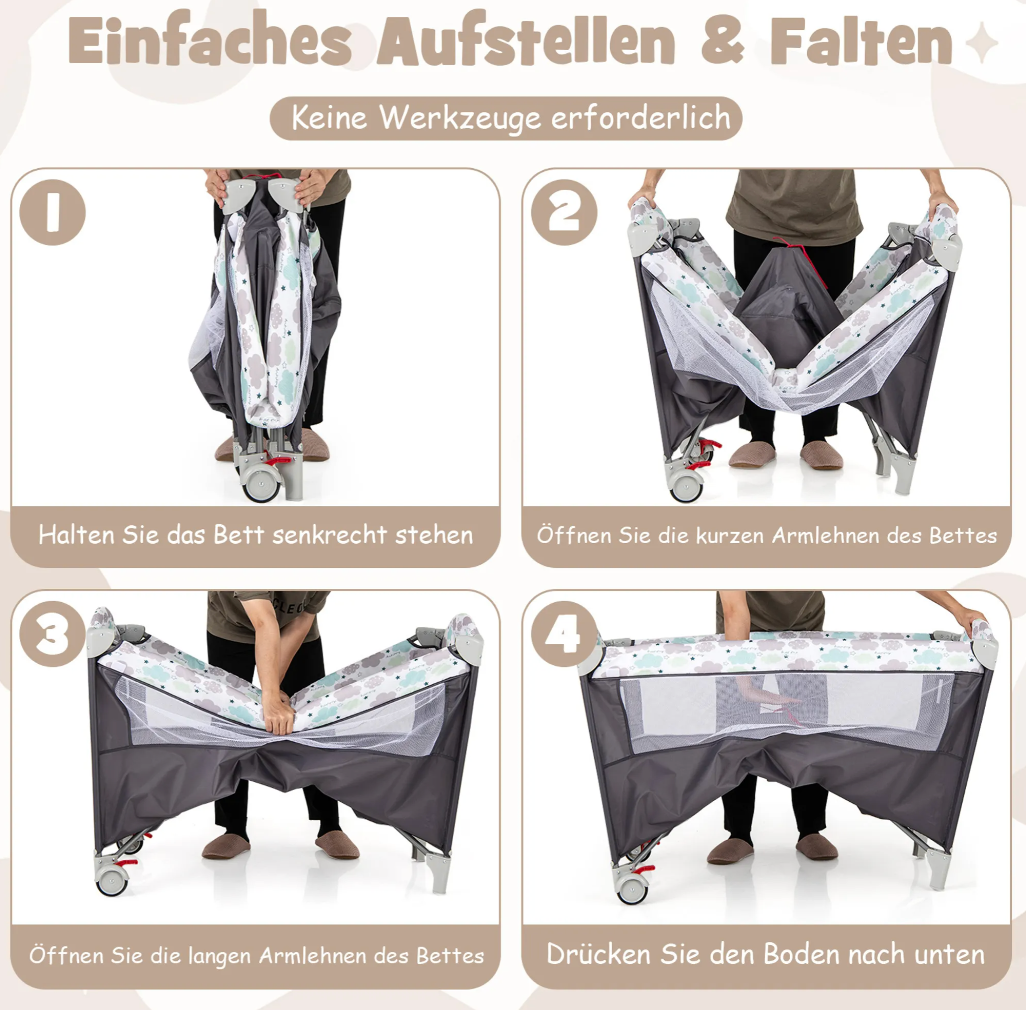 Coast Reisebett - 5 in 1 - faltbar - 2 Ebenen - inkl. Matratze - 125 x 65 x 76cm - Grau